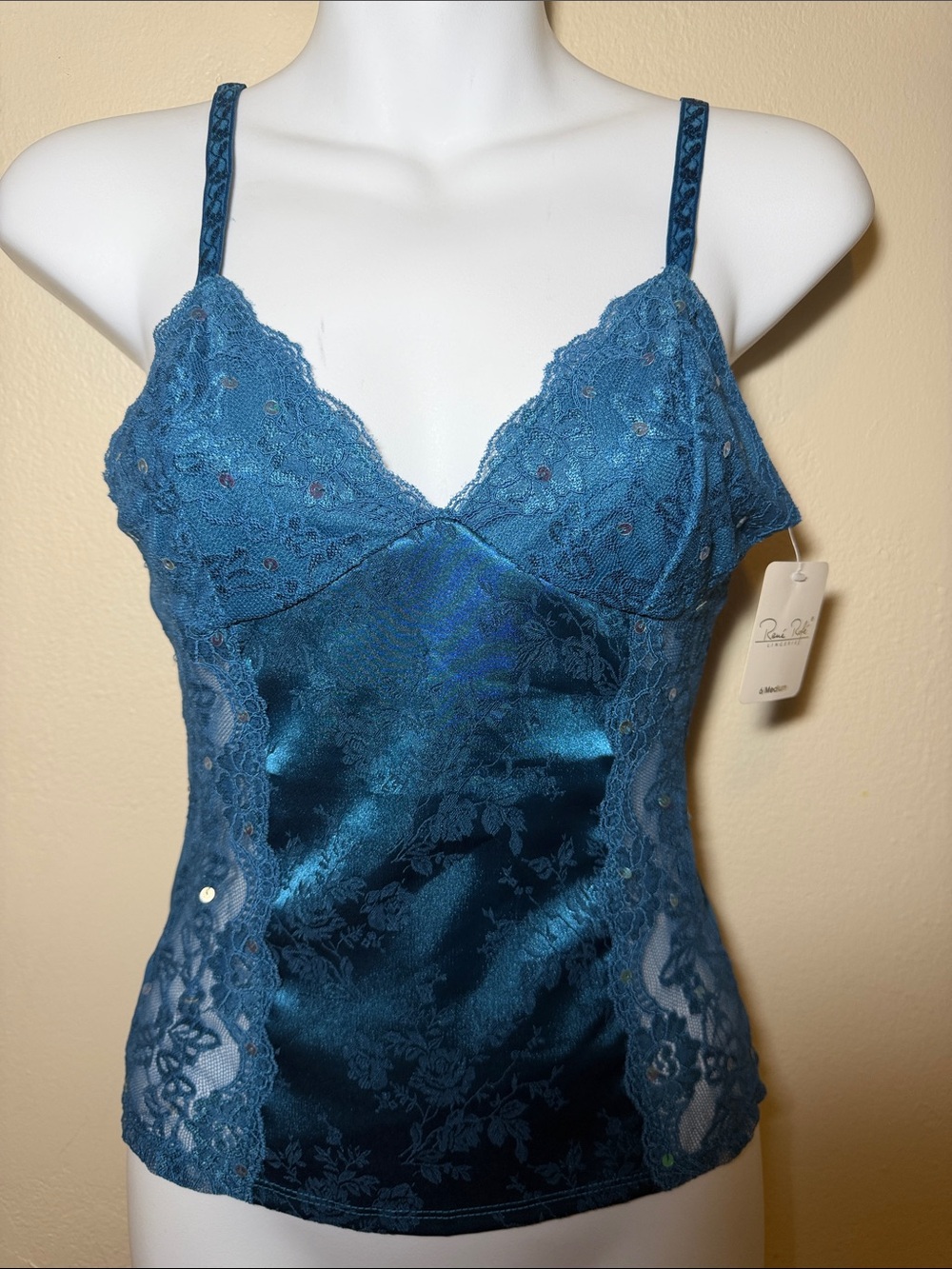 Rene Rofe Blue Lace-Trim Satin Camisole